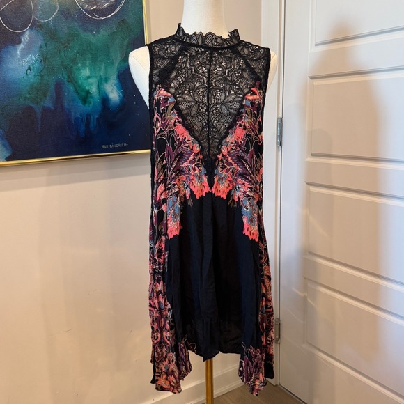Free People Dresses & Skirts - Free People Intimately Black Floral Paisley Lace Mock Neck Mini Dress Medium EUC